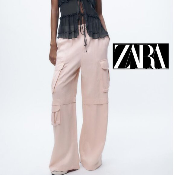 NWT Zara Pink Satin Effect Carpenter Cargo Pants - Picture 1 of 4